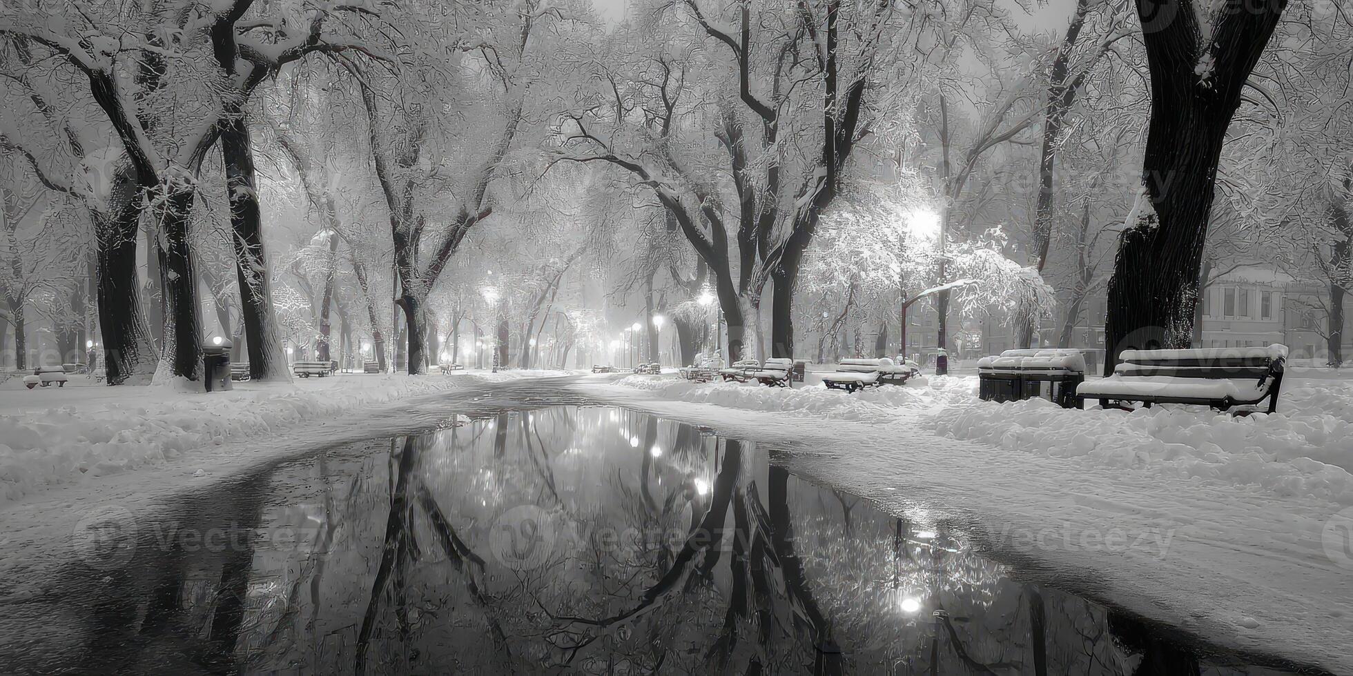Snow covered park path lined with trees and benches reflecting in a frozen puddle during winter evening photo