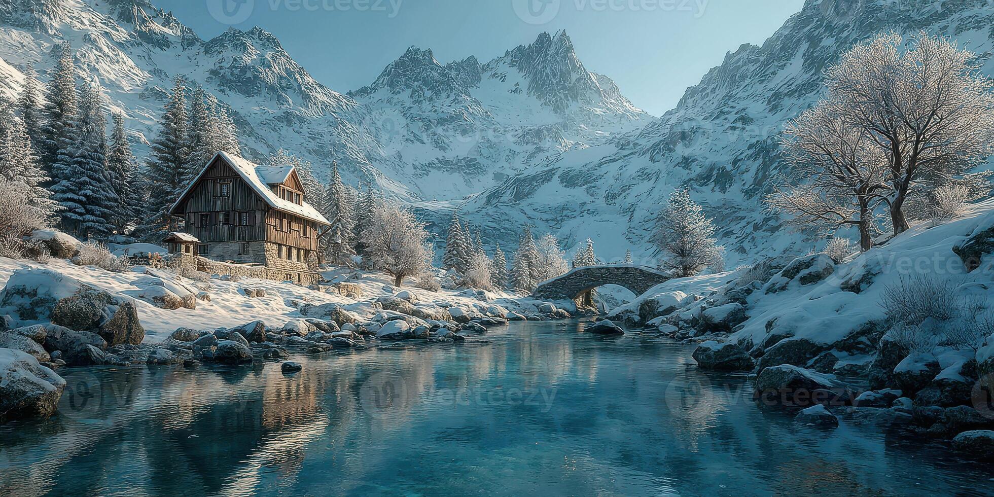 Stunning winter landscape showcasing a quaint cabin by a frozen river surrounded by snow-covered mountains and trees photo