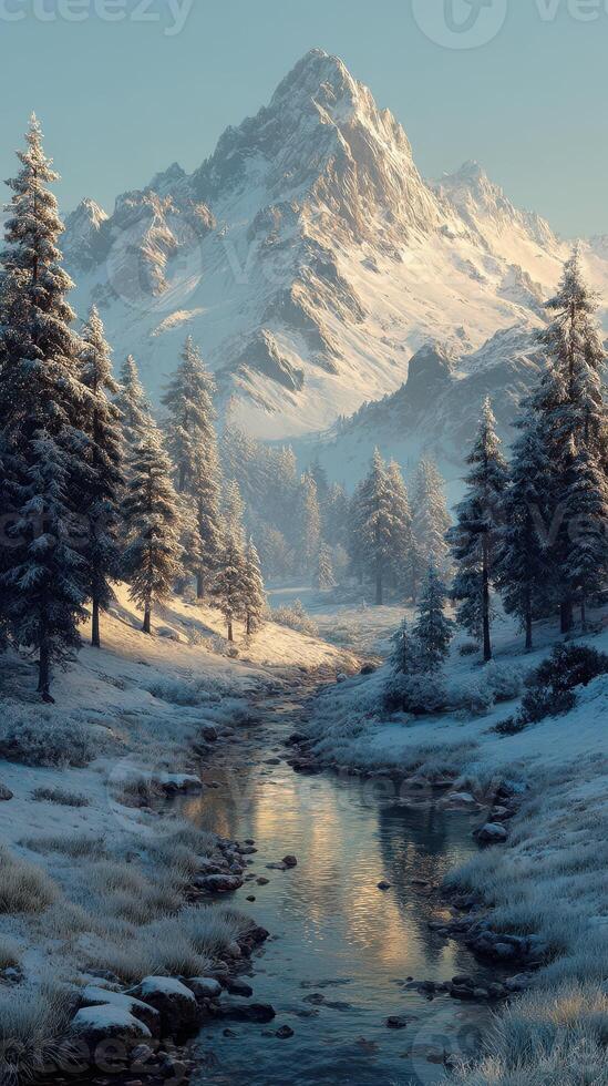 Snow-covered mountains and a tranquil stream reflecting the serene morning light in a wintry landscape photo