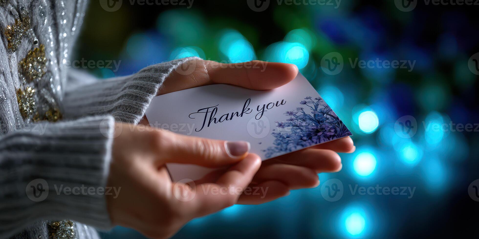 Hands hold a thank you card with floral design against a blurred background of blue lights during a cozy evening celebration photo