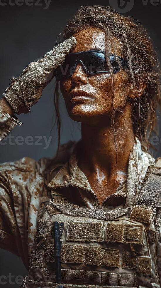 Soldier demonstrating respect while saluting in a muddy military environment during nighttime operations photo
