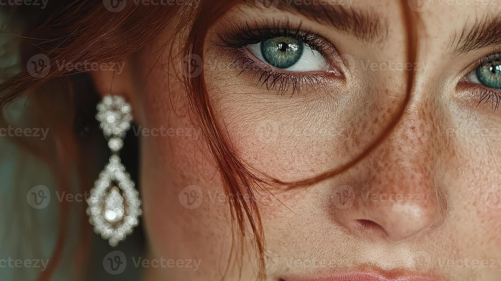 Close-up view of a woman with striking blue eyes and elegant earrings during an outdoor event in soft natural light photo