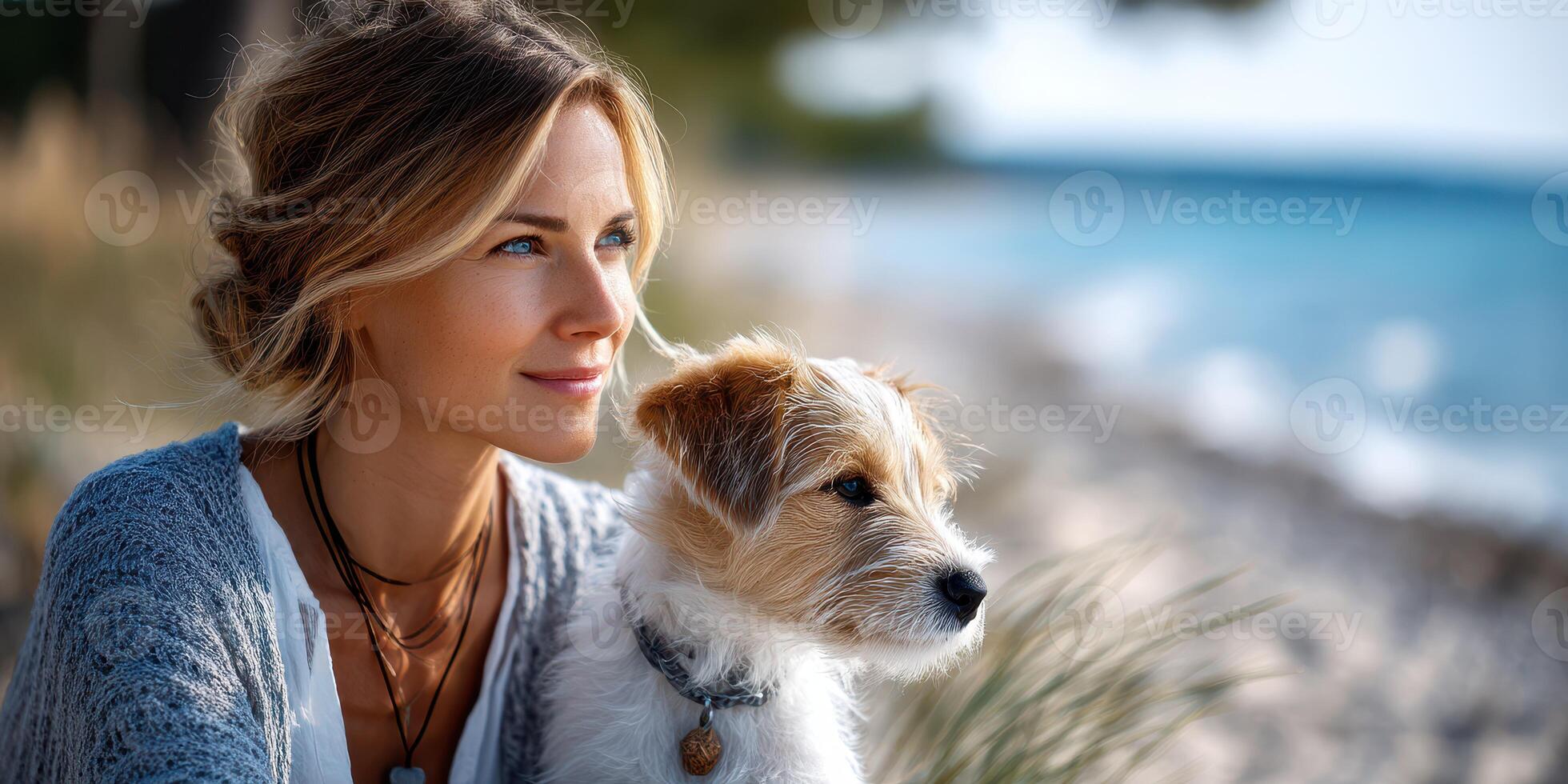 Woman enjoying a serene moment at the beach with her dog during a sunny afternoon by the water photo