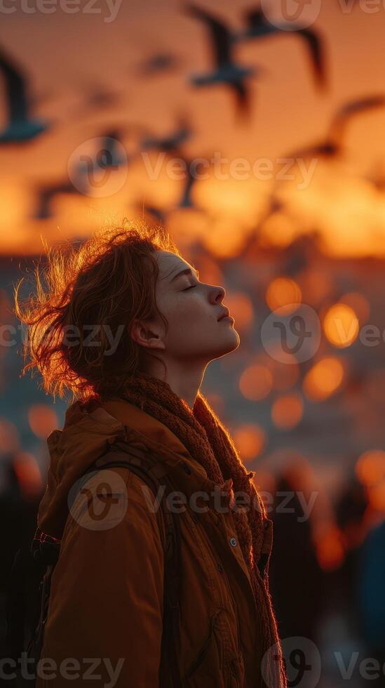 Young woman enjoying a sunset with birds flying in the background at a beach during evening hours photo