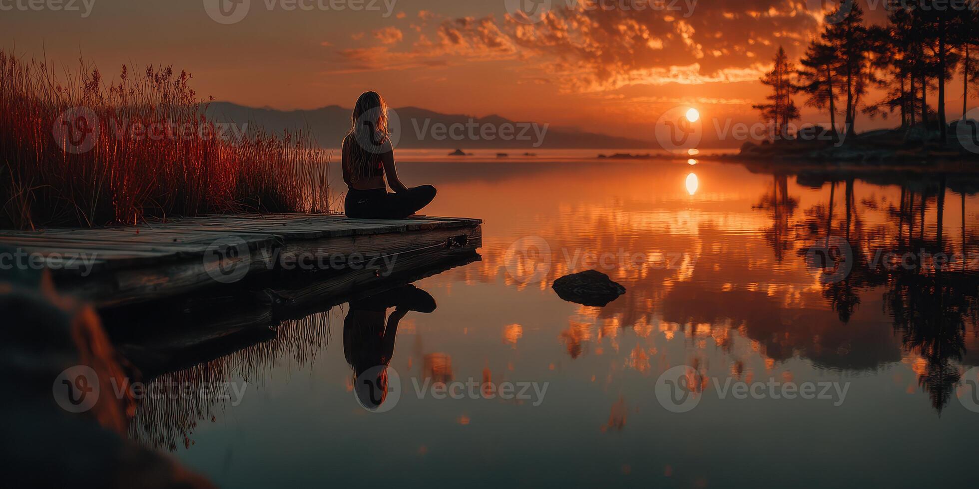 Tranquil sunset meditation by a serene lake surrounded by nature in golden light photo