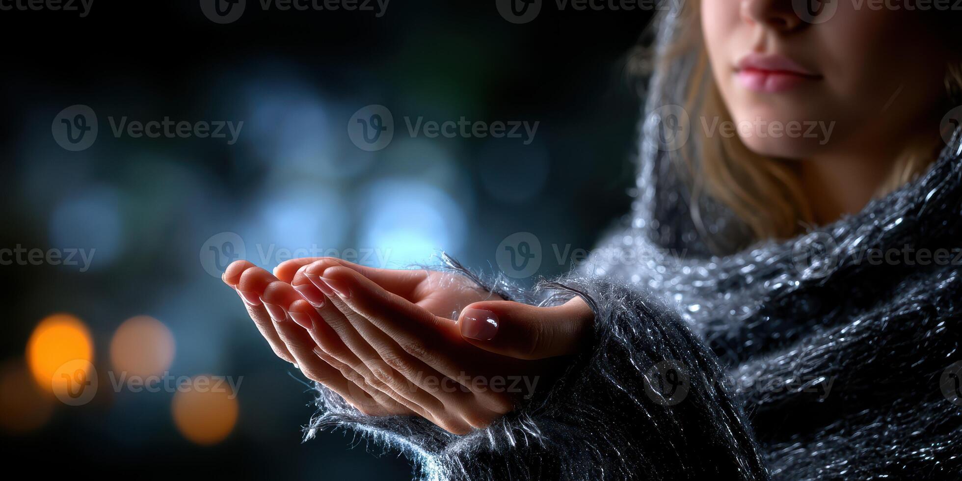 Hands held open under soft light in a cozy setting during evening hours photo