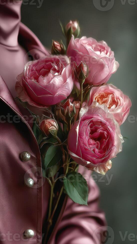 Beautiful bouquet of pink roses held by a person in a stylish jacket, showcasing elegance and charm in a soft, artistic setting photo