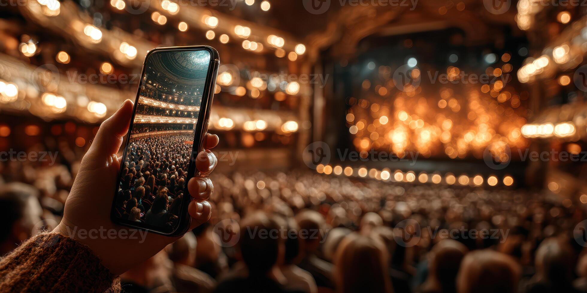 Audience captures performance with smartphone at a theater during a lively show in the evening photo