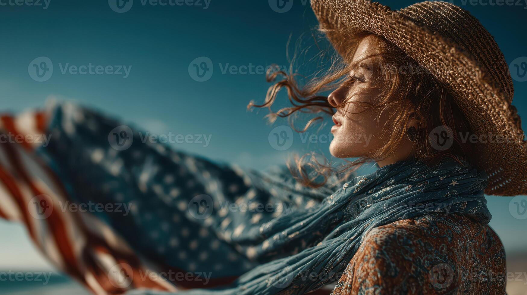 Woman in straw hat stands on the beach with wind-blown scarf and a flag draped behind her during a bright day photo