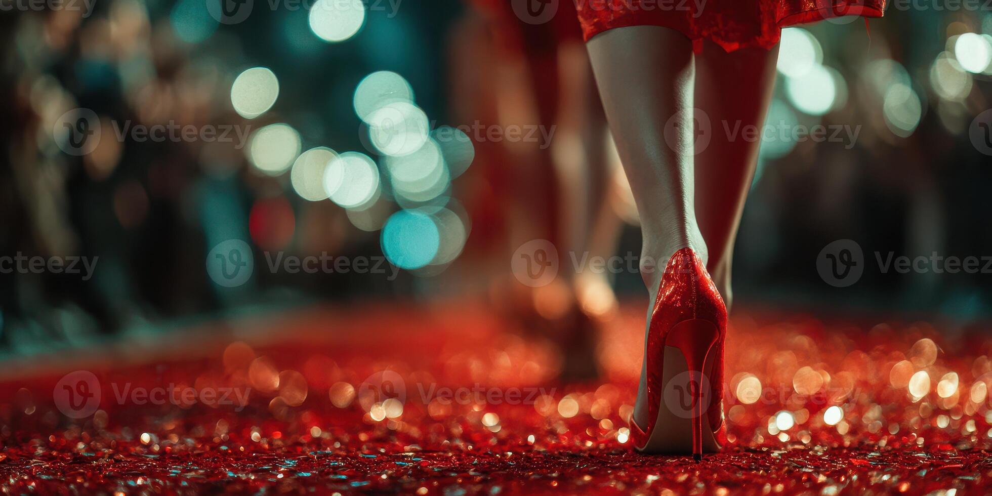 Runway showcase featuring stylish heels on a vibrant red carpet at a glamorous fashion event in the evening photo