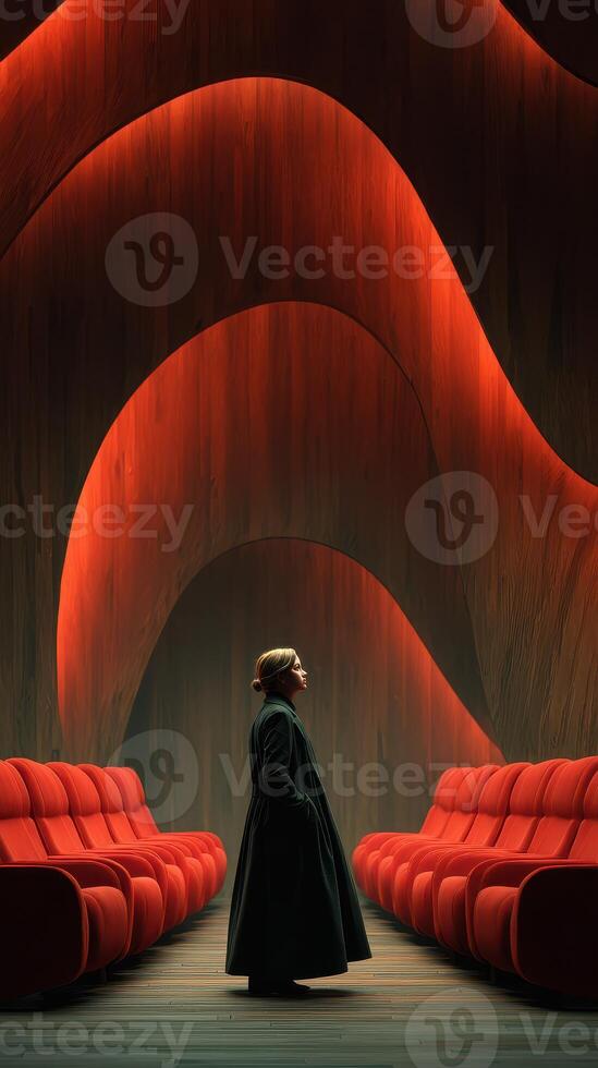 Intriguing silhouette of a figure in a modern interior with vibrant red couches and abstract architecture at dusk photo