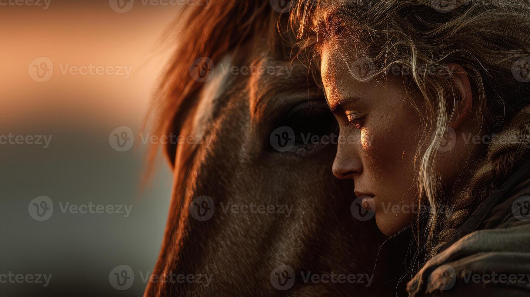 Girl stands close to her horse at sunset, embracing a tranquil moment of connection and understanding in the evening light photo