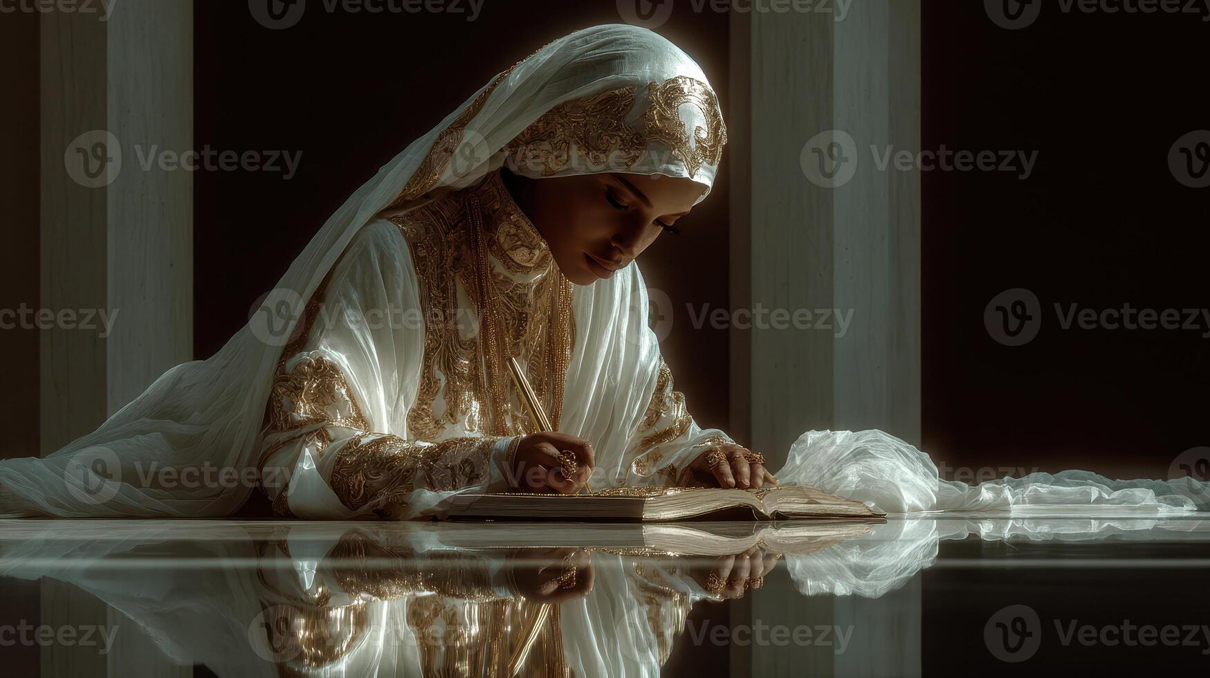 Young woman in traditional attire writing in a book while seated in a serene, well-lit space photo