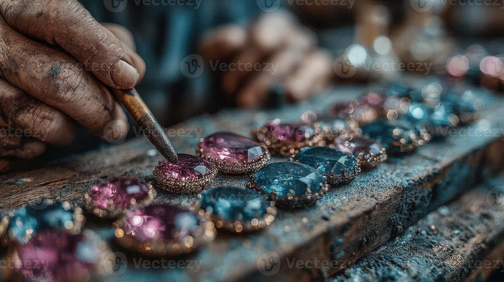 Crafting colorful gemstones in a workshop during the day with skilled artisan using a brush and focusing on intricate details photo
