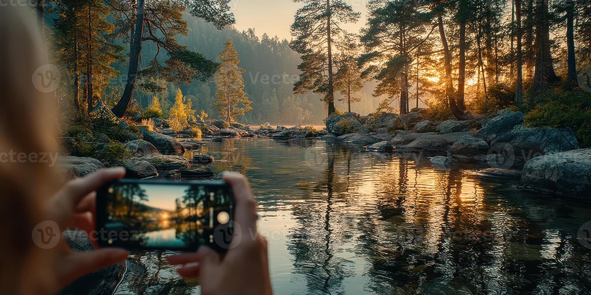 Capturing the tranquil sunset over a serene lake surrounded by tall trees in a peaceful forest setting photo
