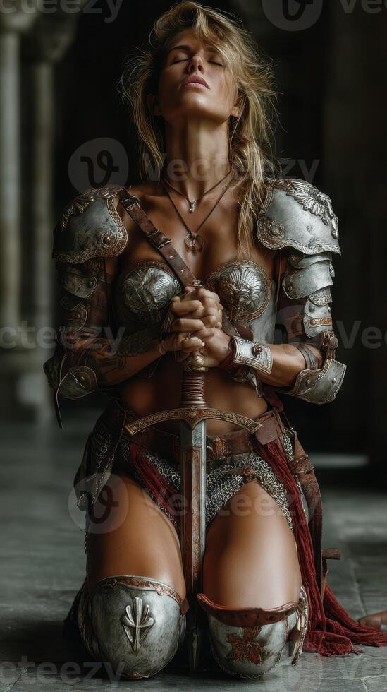 Warrior kneeling in ancient armor, reflecting strength and determination in a historic setting during twilight photo