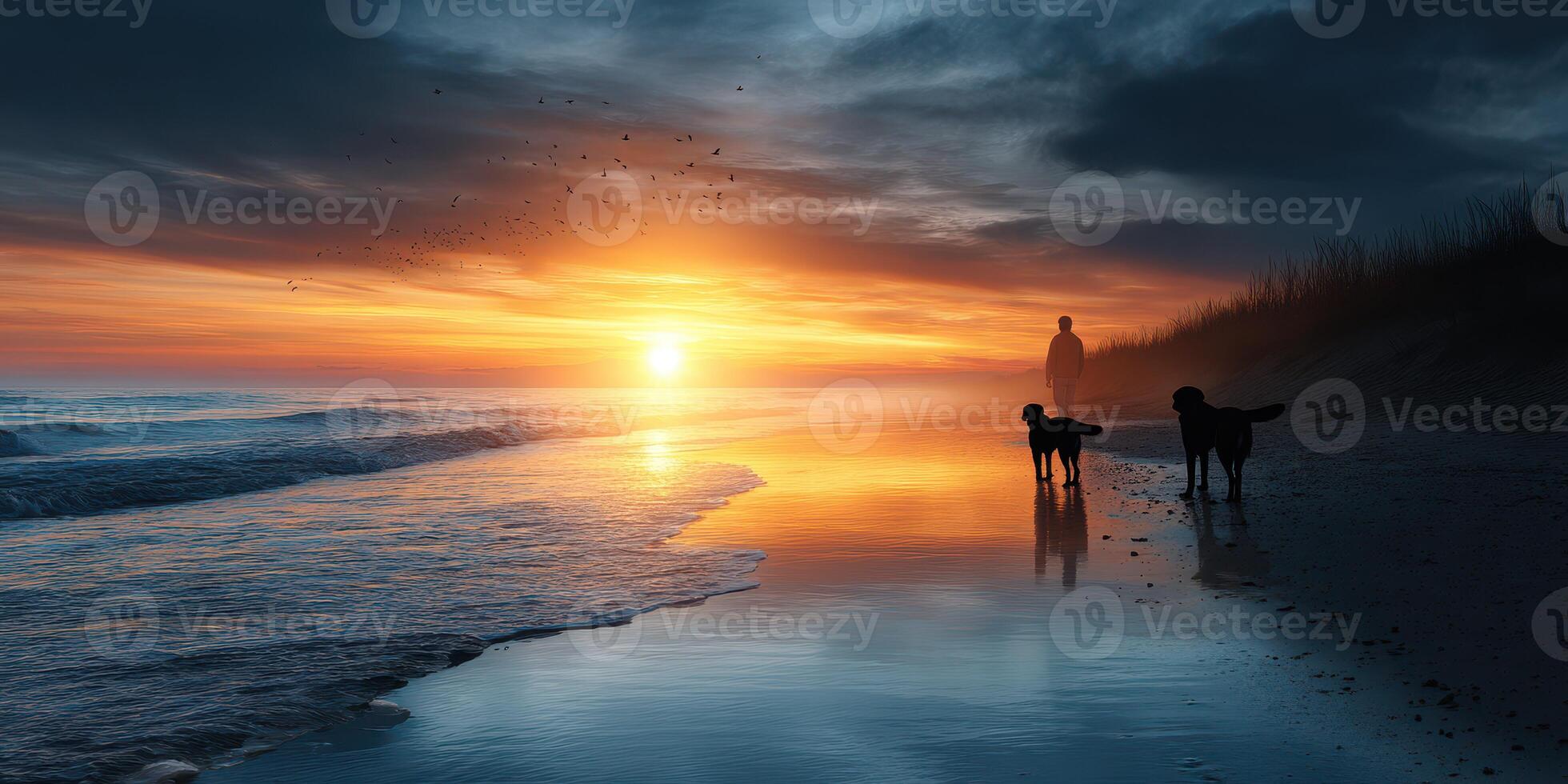 Walking dogs along the shore at sunset with vibrant colors reflecting on the water photo