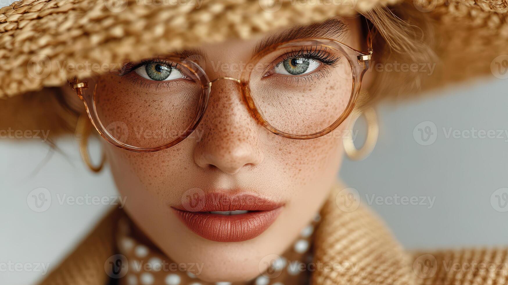 Woman with freckles wearing glasses and a wide-brimmed hat poses elegantly in a fashion-forward summer setting photo