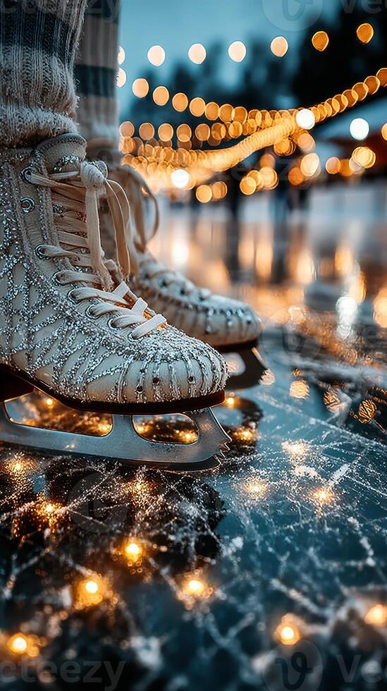 Sparkling ice skates glimmering under festive lights during an evening skate at a winter holiday rink photo