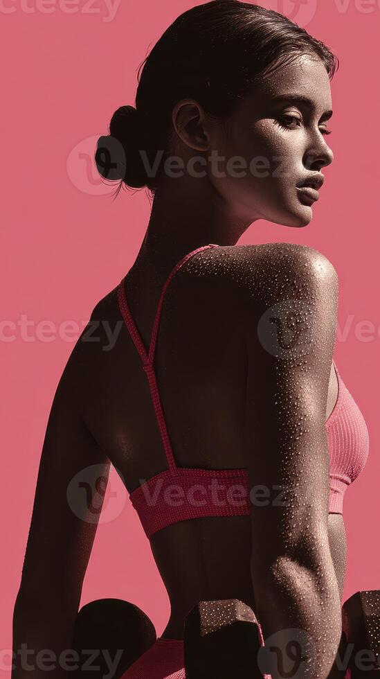 Fitness model showcasing strength in workout attire against a vibrant backdrop while holding weights photo