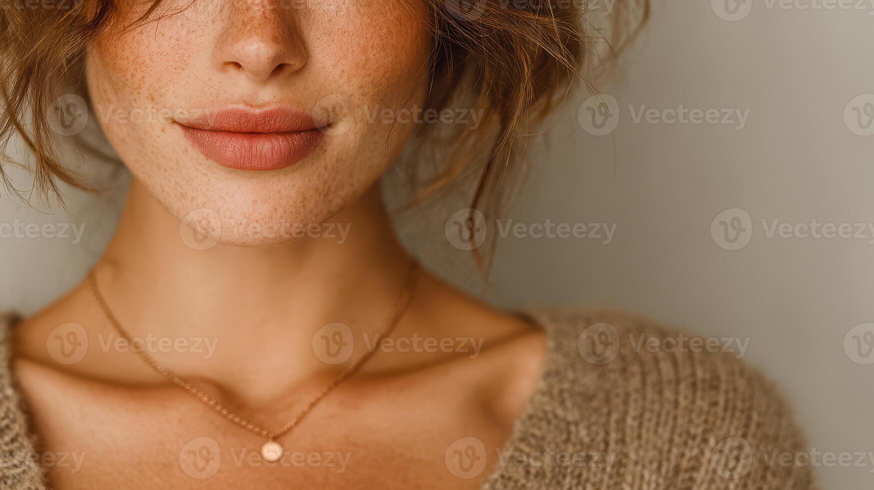 Young woman with freckled skin and soft smile wearing a cozy sweater during indoor leisure time photo