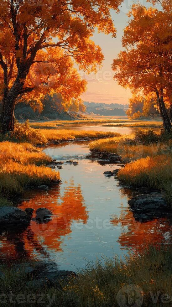 Serene autumn landscape featuring vibrant orange trees and a calm stream reflecting the sunset glow photo