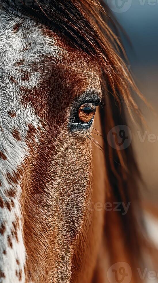 Close-up of a brown horse showcasing its striking eye and unique coat pattern in a natural setting during golden hour photo