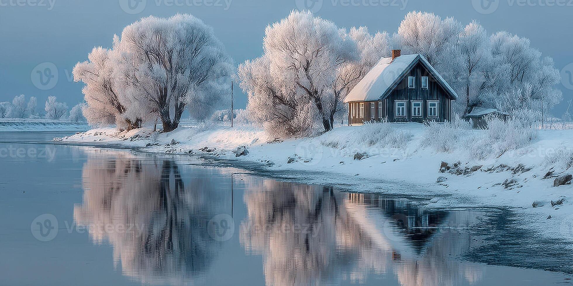 Winter landscape featuring a cozy cabin by a serene frozen river surrounded by frosted trees at dusk photo