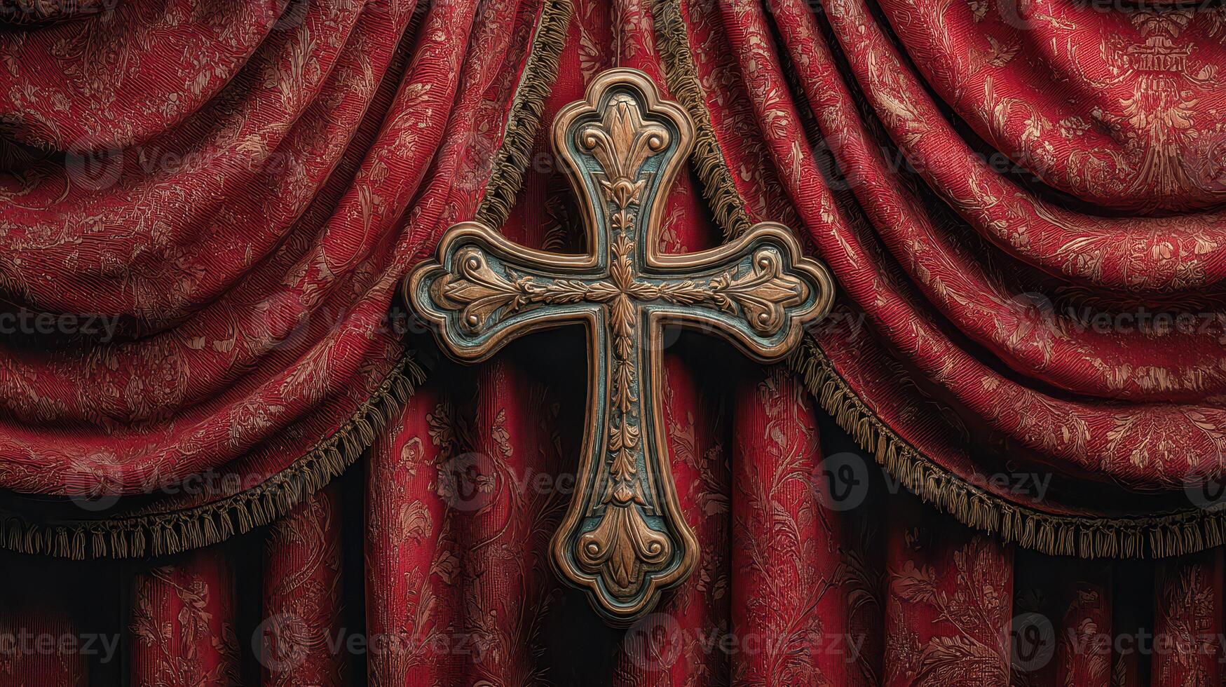 Decorative cross against rich red drapery in a serene setting during a quiet afternoon photo