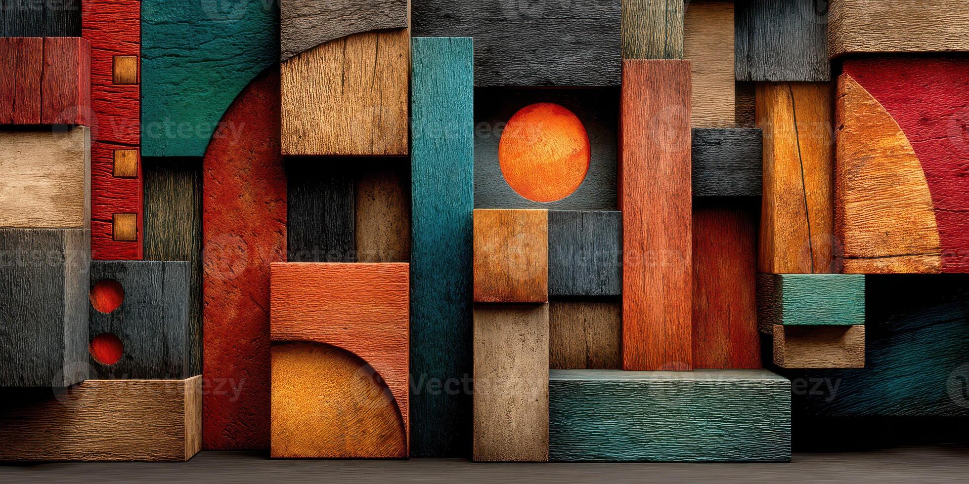 Vibrant abstract wooden panels arranged in geometric patterns with warm colors in a modern interior setting photo