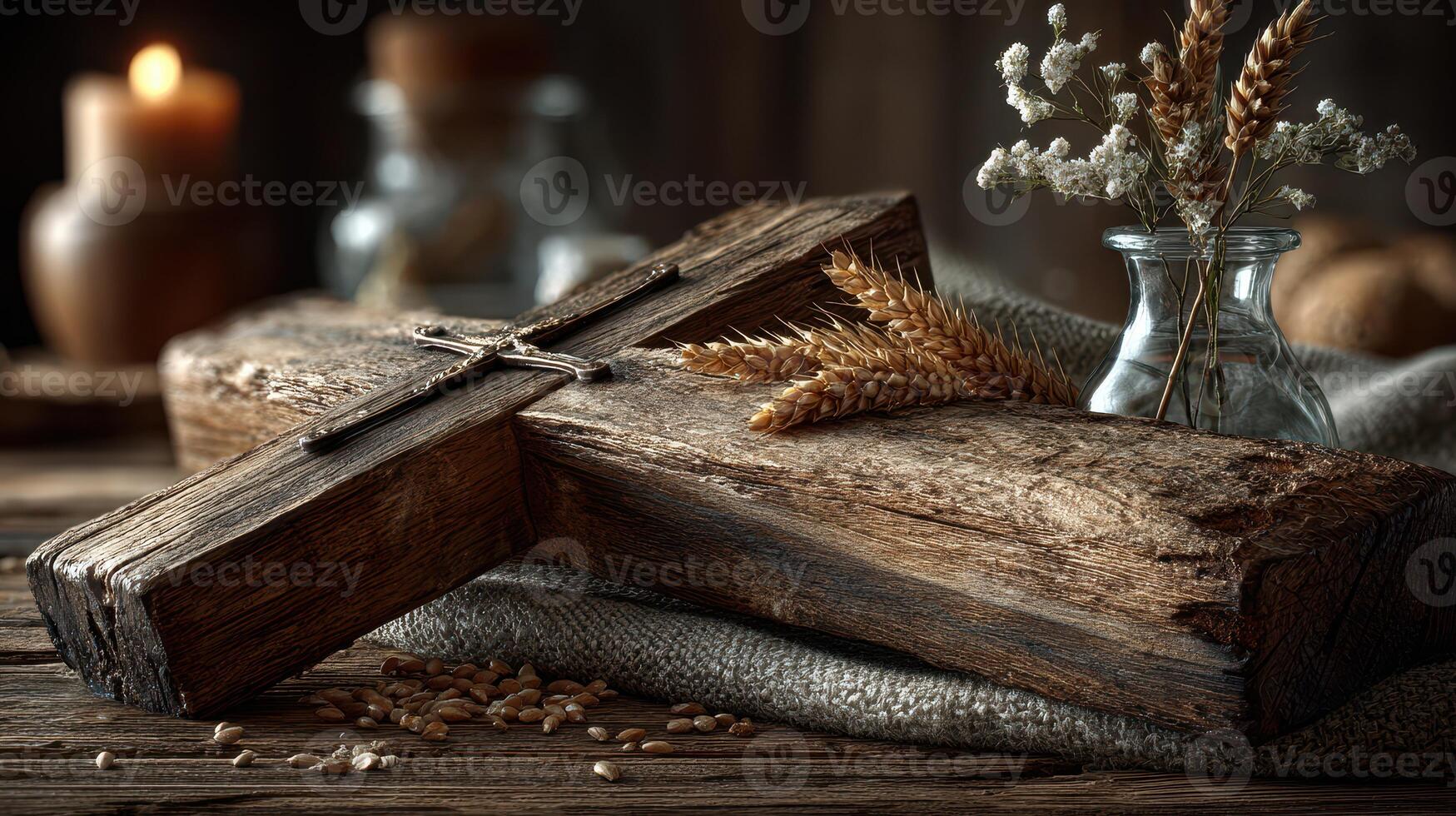 Rustic wooden cross with wheat and candles arranged on a textured surface in a serene setting photo