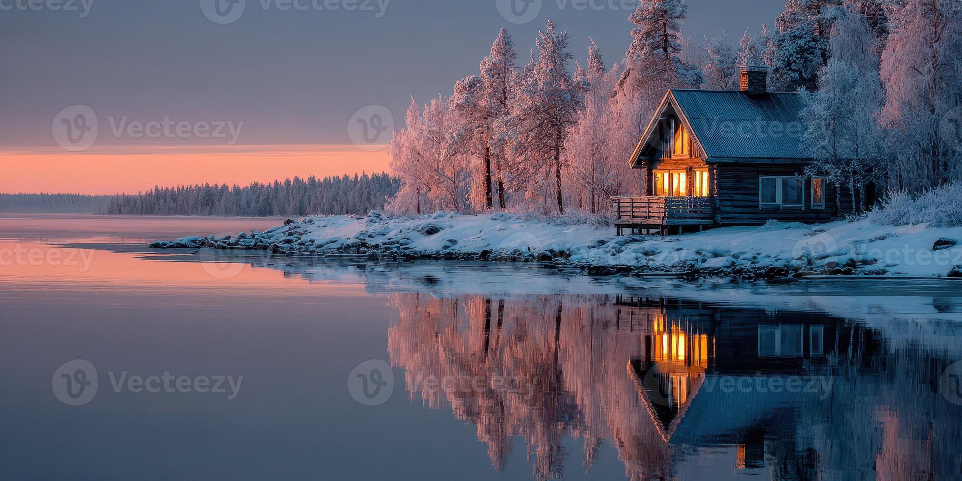 Winter sunset highlights a cozy cabin by a serene lake surrounded by snow-covered trees photo