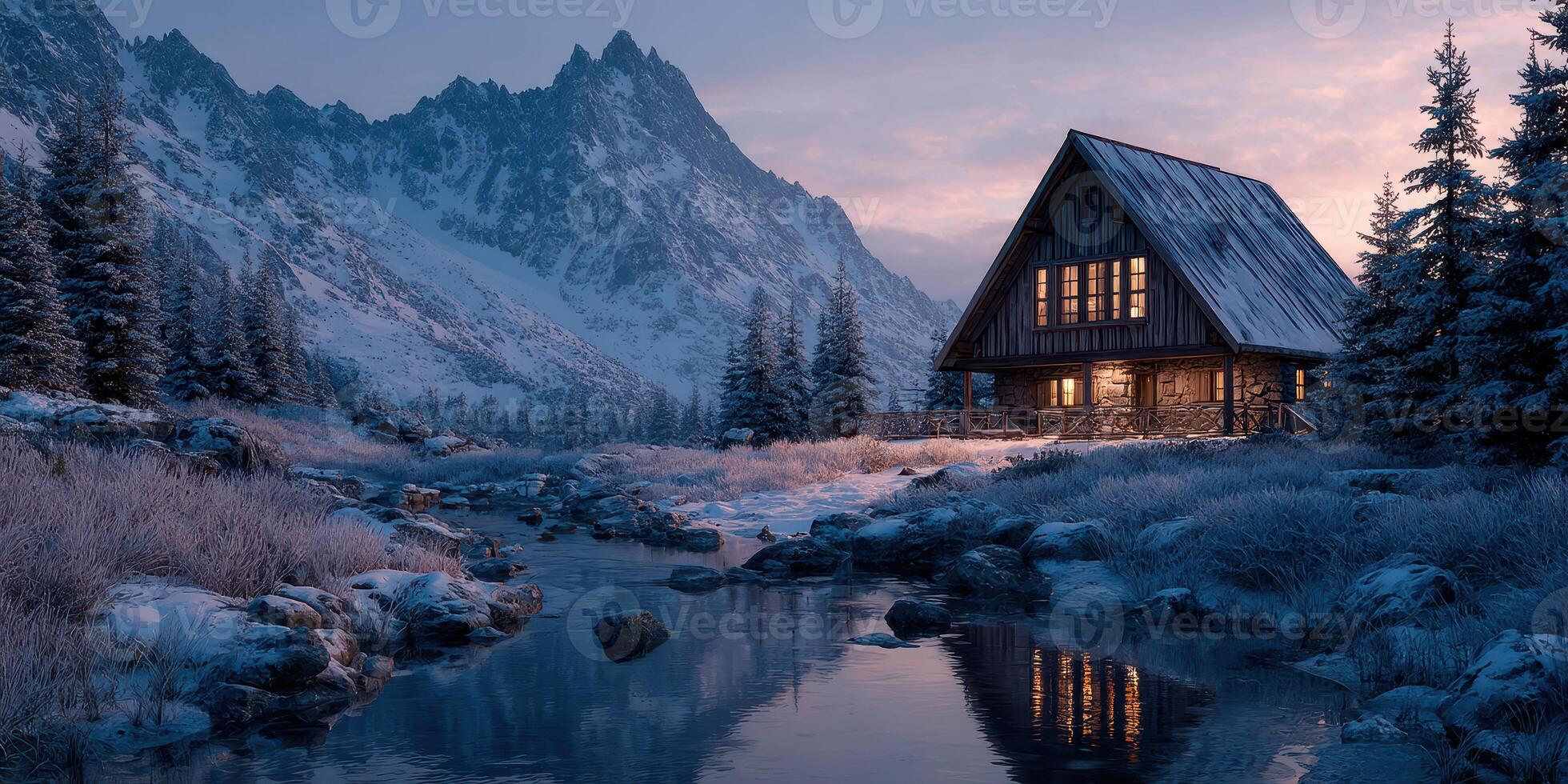 Snowy mountain cabin by a tranquil river during twilight near pine trees photo