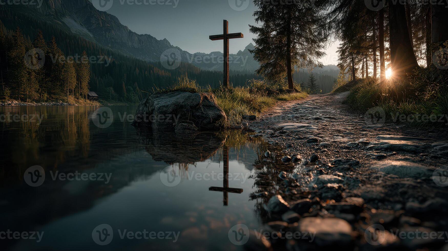 Morning light illuminates a cross by the lakeside with mountains in the background photo