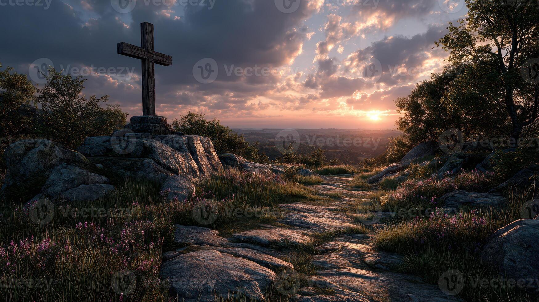 Scenic sunset view with a cross on a hilltop, surrounded by lush greenery and rocky landscape photo