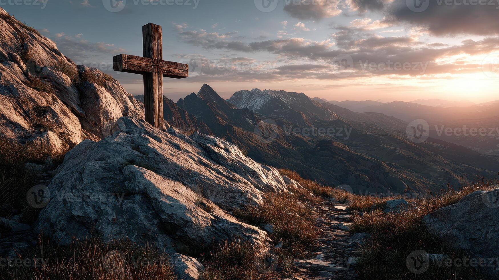 Scenic mountain view at sunset with wooden cross on rocky terrain in a tranquil outdoor setting photo