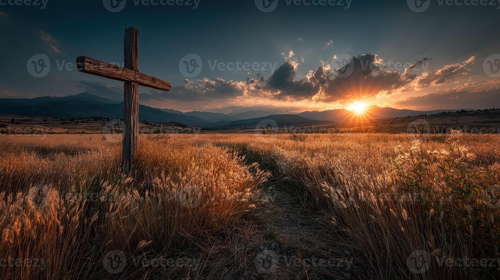 Golden sunset over rolling hills with wooden cross marking a quiet trail through tall grass fields photo