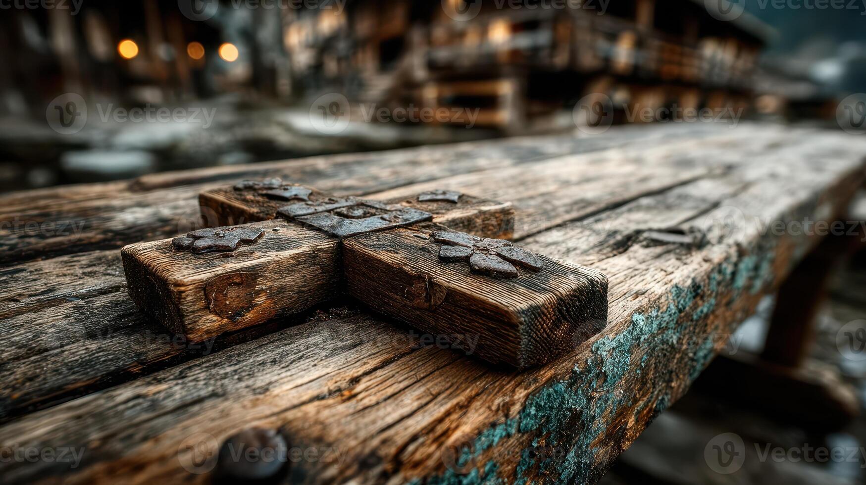 Rustic wooden cross resting on a weathered table in a historical site surrounded by nature during twilight photo