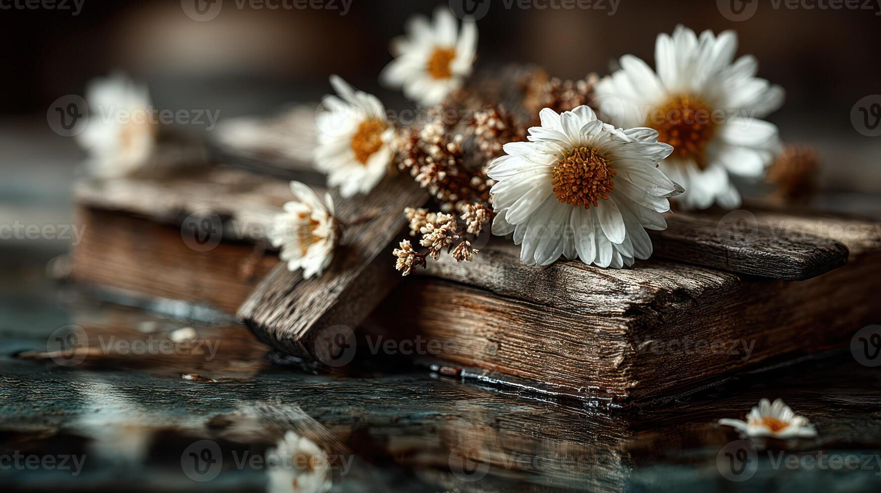 Old book decorated with white flowers rests on a reflective surface in a tranquil indoor setting during daylight photo