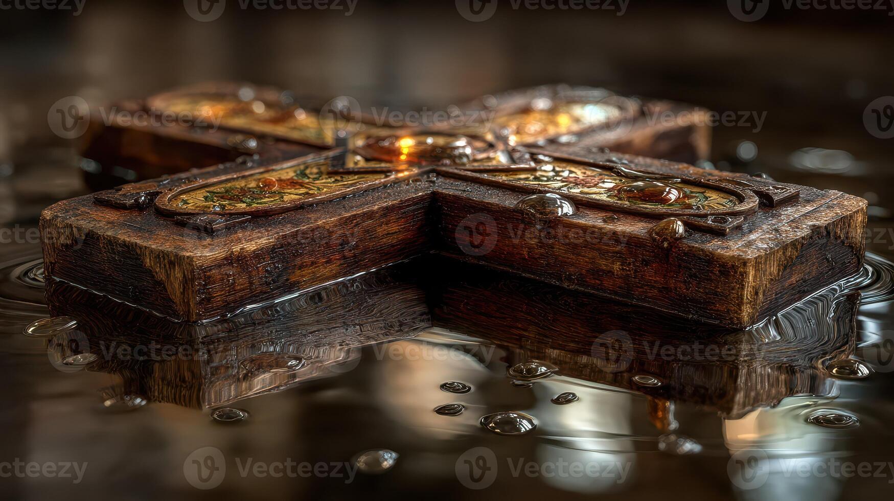 Wooden cross resting on water surface with reflections and droplets captured in tranquil setting photo