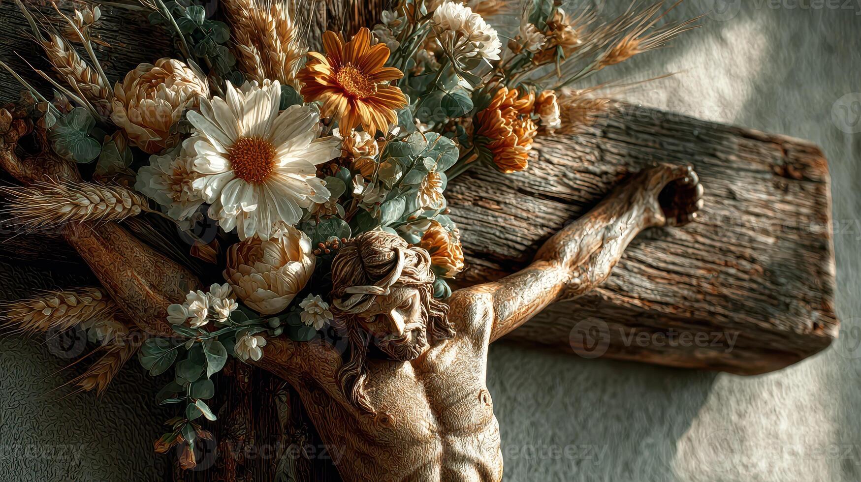 Artistic representation of crucifixion adorned with flowers in a serene setting photo
