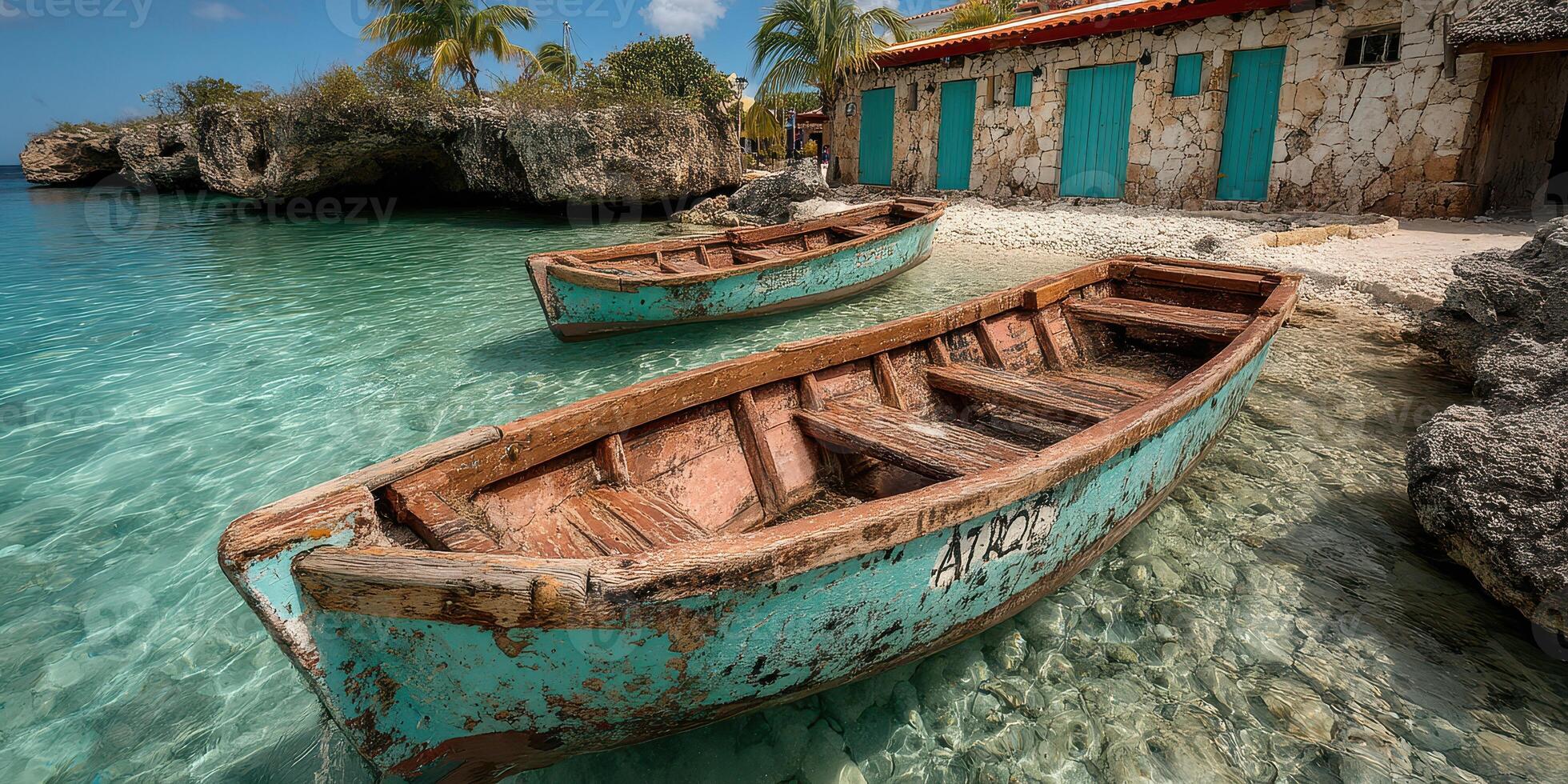 Colorful fishing boats rest on the shore beside a weathered stone building in a tropical coastal paradise photo