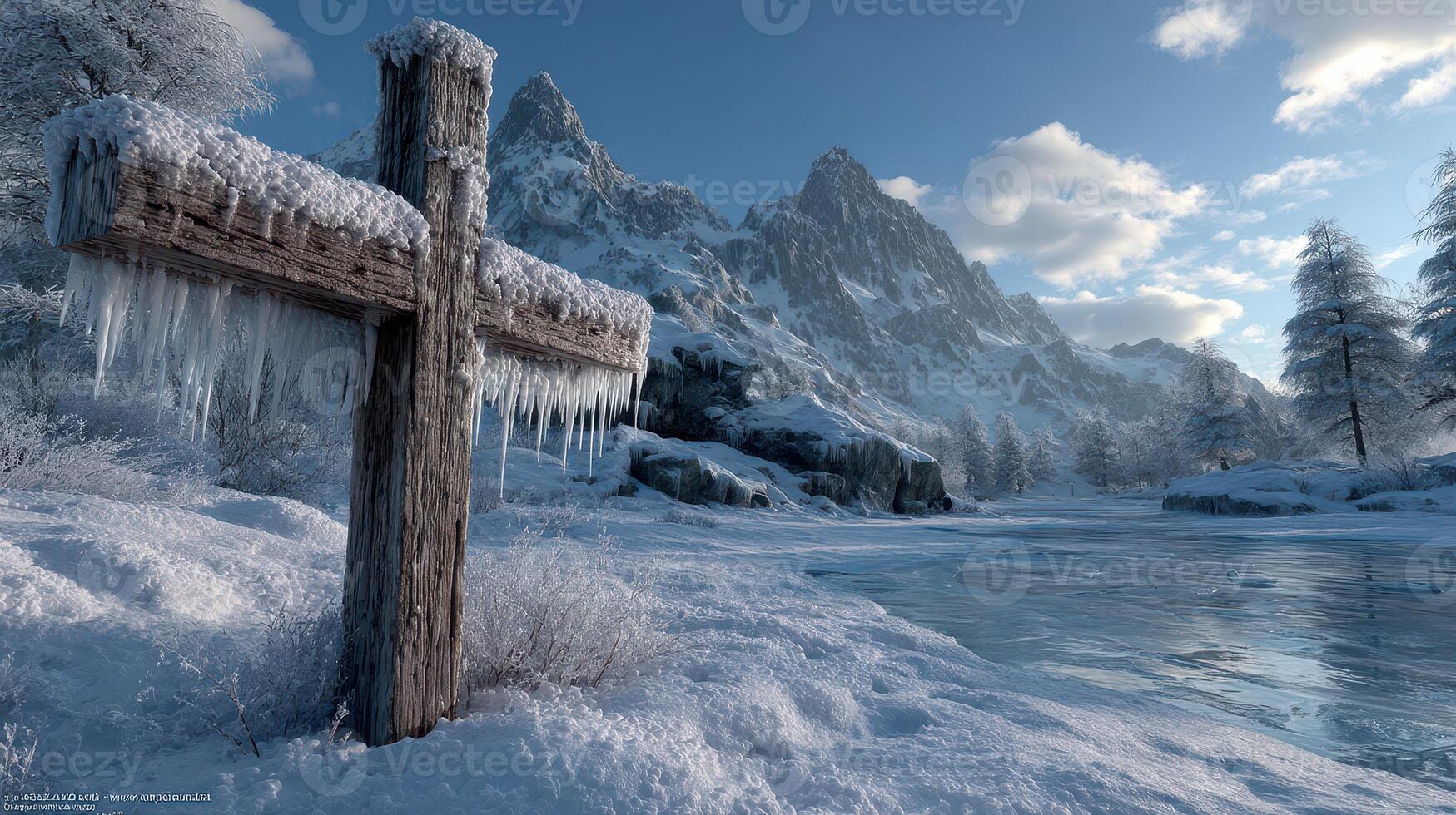 Snowy mountain landscape with a frozen lake and wooden cross in the foreground during late afternoon photo