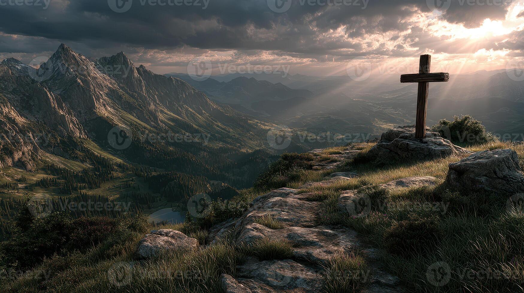 Mountain landscape at sunset highlighting a wooden cross atop a rocky hill under moody clouds photo