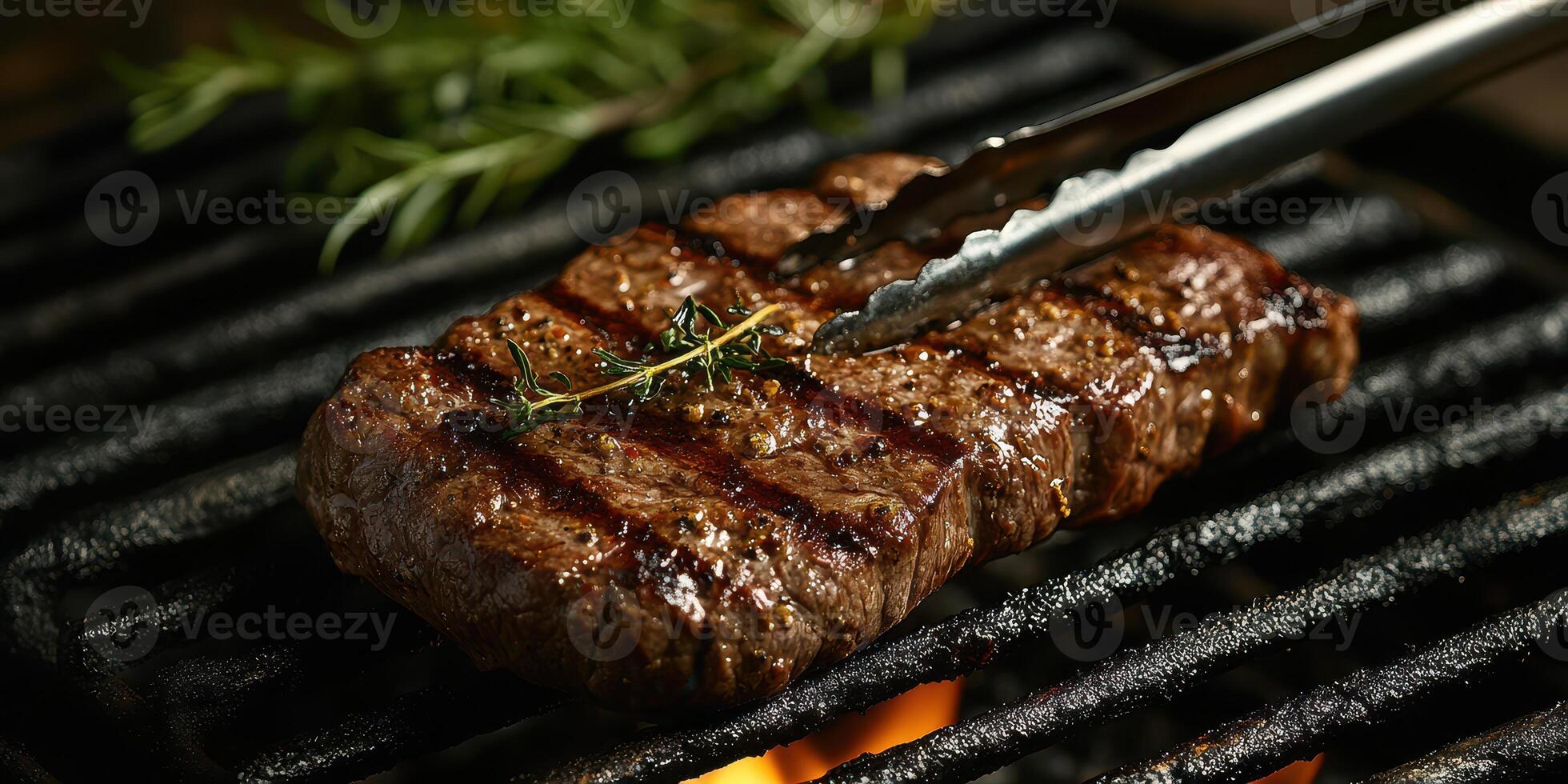 Grilling juicy steak garnished with herbs over charcoal at a backyard barbecue party photo