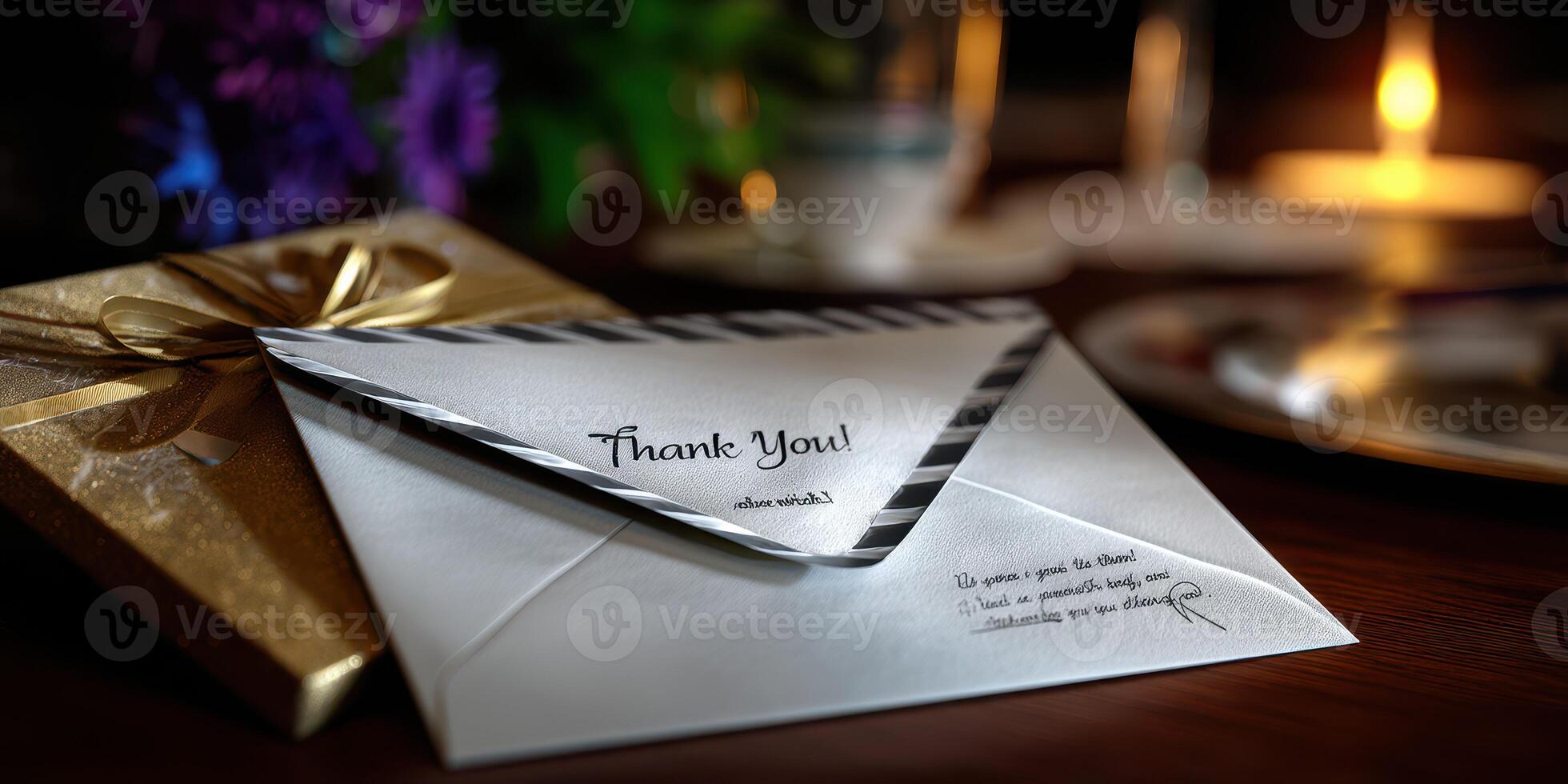 Handwritten thank you note on a decorated table with gift and candlelight ambiance in a cozy evening setting photo