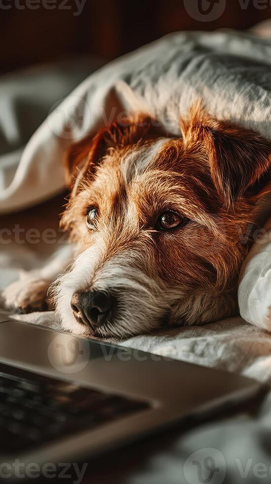 Curious dog relaxes on a bed while watching a laptop screen during a cozy evening at home photo