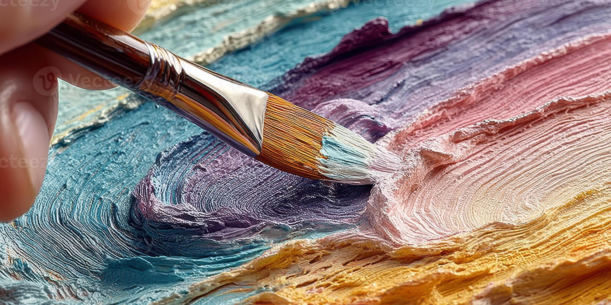 Hand holding a paintbrush applying vibrant colors to a textured canvas in an indoor art studio during daylight hours photo