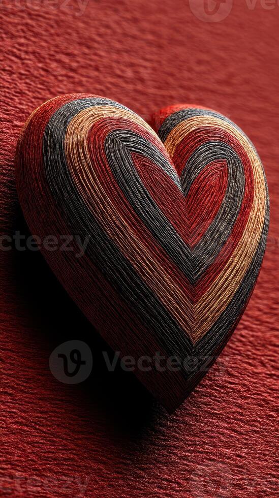Colorful woven heart sculpture rests against a textured red background showcasing craftsmanship and artistic expression photo