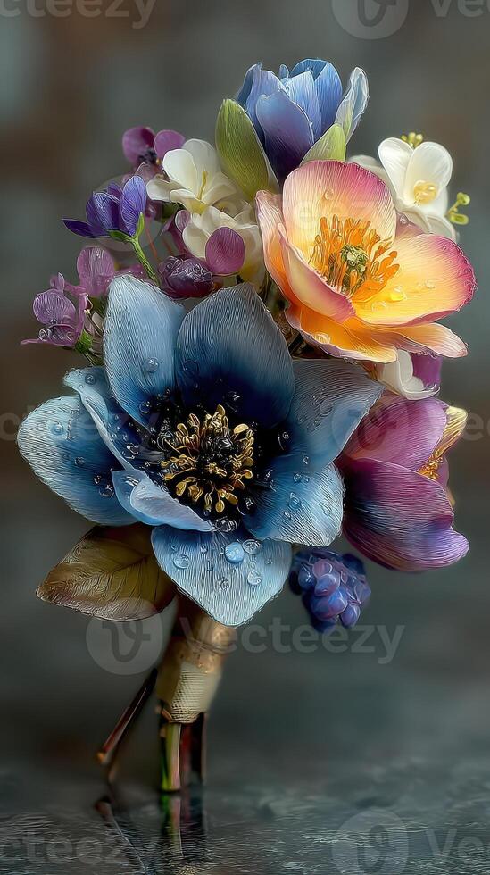 Beautiful bouquet of colorful flowers with water droplets in soft lighting on a blurred background photo